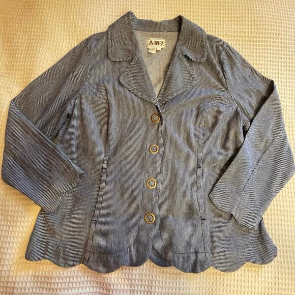 AMI Navy Blue Striped Scalloped Button Front Summer Style Jacket 1X Y2K - Picture 5 of 7